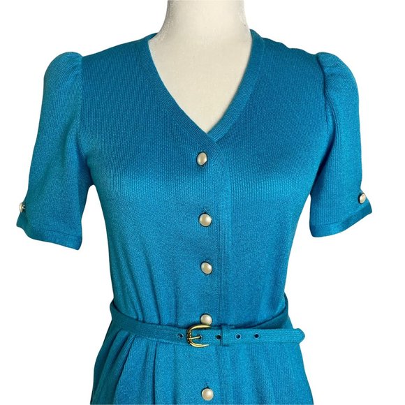 Vintage 70s Leslie Fay Button Down Dress 6 Blue Knit V Neck Belted Union Made - Picture 2 of 7